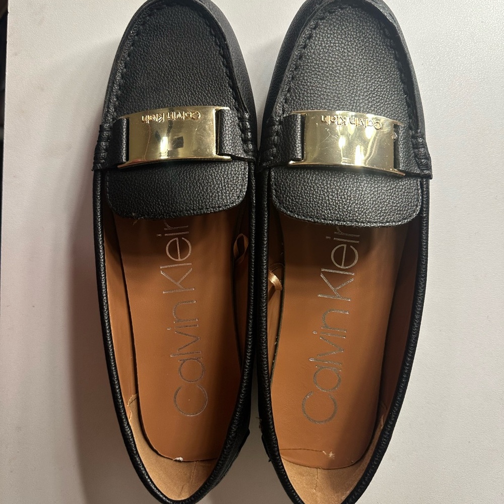 Calvin Klein Black and Gold Loafers for Women